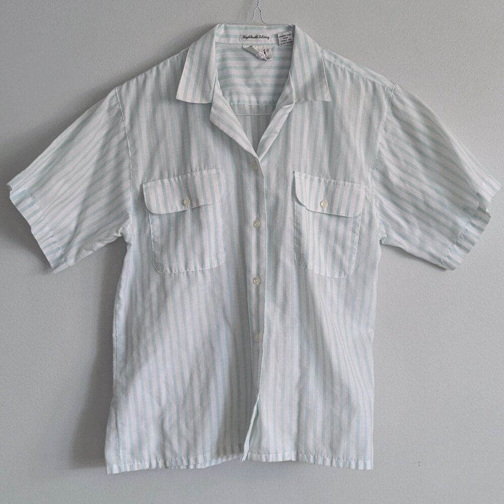 tabi international vintage cotton button short sleeve blue stripe small 90s  Wid